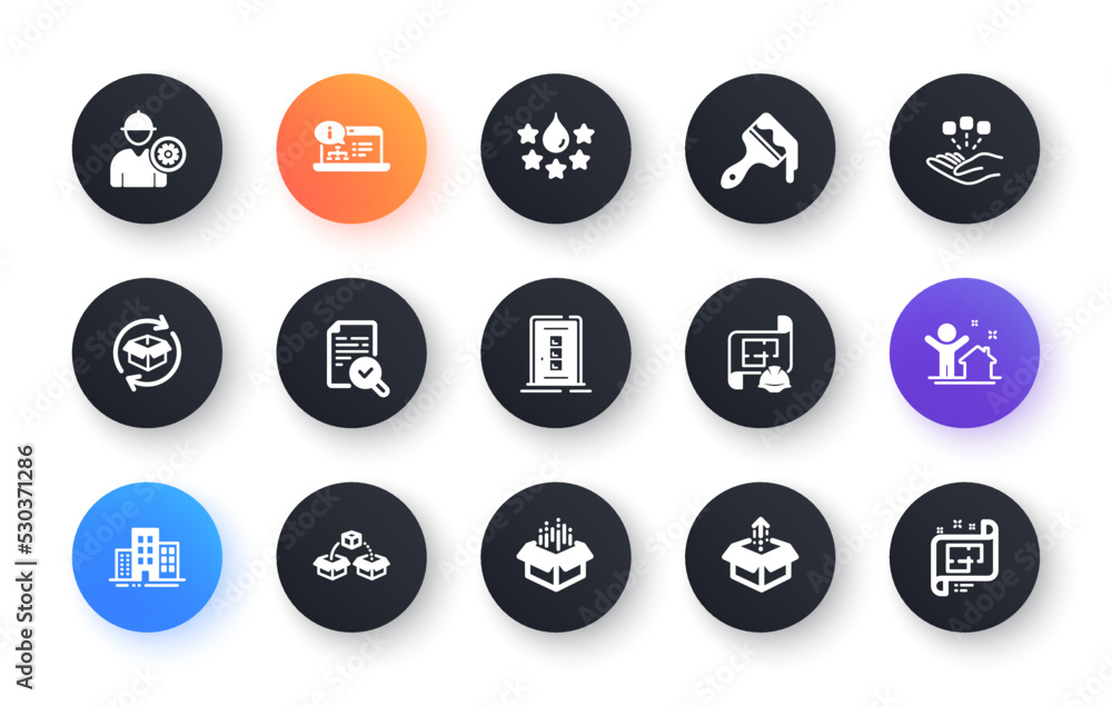 Aufkleber minimal set of door, open box and send box flat icons for web development. return parcel, engineer, 