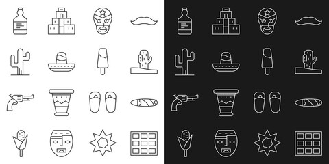 Set line Chocolate bar, Cigar, Cactus, Mexican wrestler, sombrero, Tequila bottle and Popsicle ice cream icon. Vector