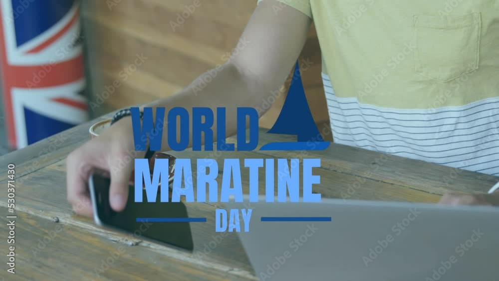 Poster animation of world maratine day text over midsection of a man using smartphone at cafe