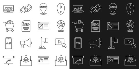 Set line Mail and e-mail, Advertising, Map pointer with star, SEO optimization, Shopping cart dollar, and Browser window icon. Vector