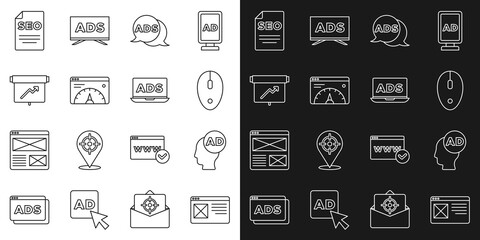 Set line Browser window, Advertising, Computer mouse, Website statistic, Board with graph chart, SEO optimization and icon. Vector