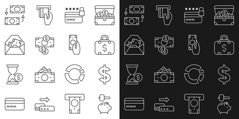 Set line Piggy bank and hammer, Dollar symbol, Briefcase money, Credit card with lock, Stacks paper cash, Envelope dollar, Money exchange and Fast payments icon. Vector