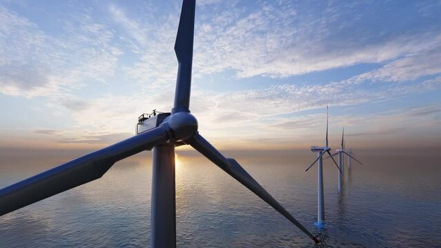 Windmill park. Offshore wind turbines farm on the ocean. Sustainable energy production. Green Energy, clean power, clean energy concept.	