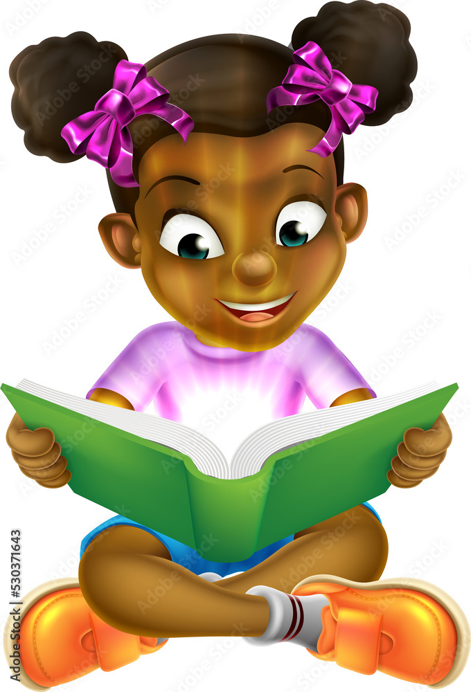 Wall mural cartoon little girl reading amazing book