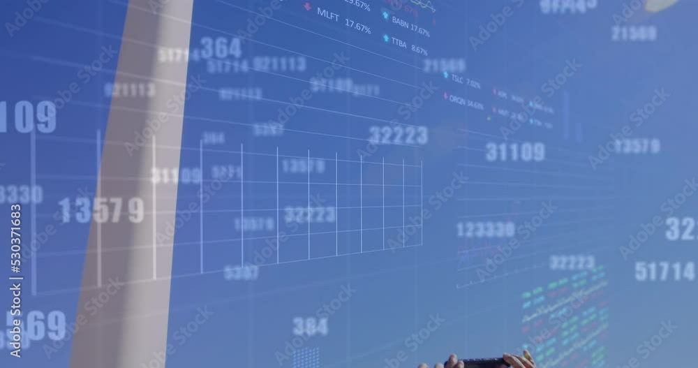 Poster animation of multiple changing numbers over male engineer taking picture of the windmill