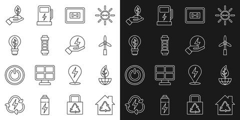 Set line Eco House with recycling, Earth globe and leaf, Wind turbine, Electrical outlet, Battery, Light bulb, Plant hand and Lightning bolt icon. Vector