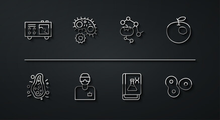 Set line Spectrometer, Bacteria, Genetically modified apple, engineering book, Laboratory assistant, Virus, Cell division and food icon. Vector