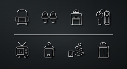 Set line Armchair, Retro tv, Hotel door lock key, Paying tips, Towel on hanger, slippers, Lift and icon. Vector