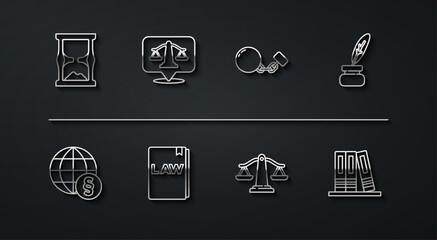 Set line Old hourglass, International law, Feather and inkwell, Scales of justice, Law book, Office folders and Ball chain icon. Vector
