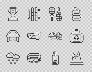 Set line Cloud with snow, Mountains, Snowshoes, Ski goggles, Award cup, Biathlon rifle, Identification badge and First aid kit icon. Vector
