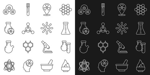 Set line Alcohol or spirit burner, Test tube and flask, Radioactive in location, Molecule, radiation, Chemical formula for H2O and Bacteria icon. Vector