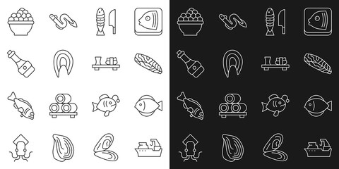 Set line Fishing boat, steak, with sliced pieces, Soy sauce bottle, Caviar and Sushi on cutting board icon. Vector