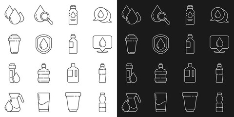 Set line Bottle of water, Water drop with location, Waterproof, filter cartridge, and icon. Vector