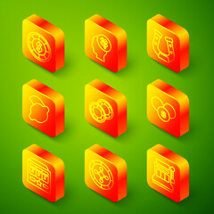 Set line Casino chips, slot machine with clover, Horseshoe, lemon, Lottery ball bingo card, Slot jackpot and roulette wheel icon. Vector