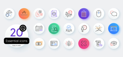 Simple set of Umbrella, Collagen skin and Waiting line icons. Include Calendar graph, Approved group, Seo file icons. Skin care, Discounts chat, Startup concept web elements. Vector