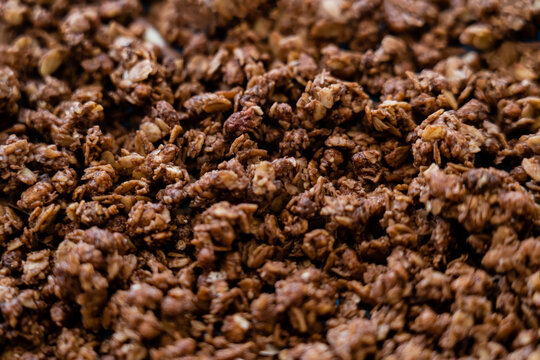 close up view of crunchy and sweet oat granola.