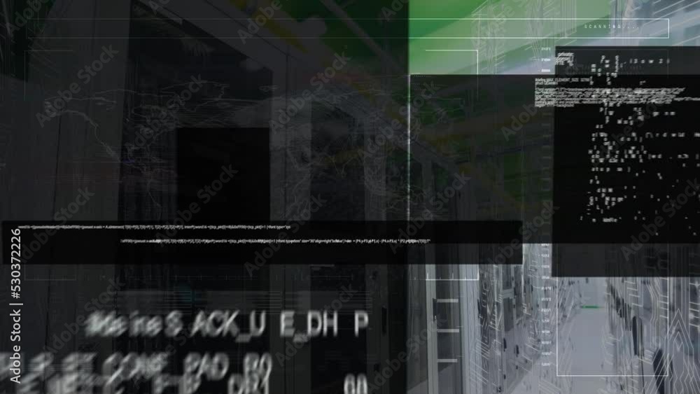 Poster animation of black screens with data processing over world map and server room