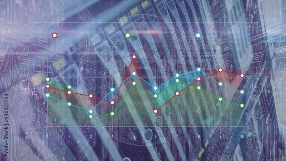 Poster animation of red, blue and green graphs with data processing through motherboard and servers