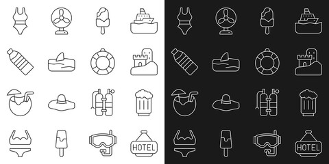 Set line Signboard with text Hotel, Wooden beer mug, Sand castle, Ice cream, Shark fin in ocean wave, Bottle of water, Swimsuit and Lifebuoy icon. Vector