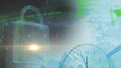 Animation of security warning text, padlock and clock over data processing - Powered by Adobe