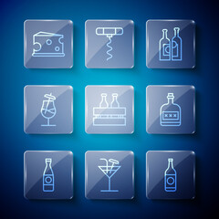 Set line Beer bottle, Cocktail, Bottles of wine, Pack beer bottles, Cheese and Alcohol drink Rum icon. Vector