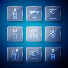 Set line Bottles of wine, Cocktail, Beer bottle, Martini glass, Wooden barrel on rack, opener, and Hop icon. Vector