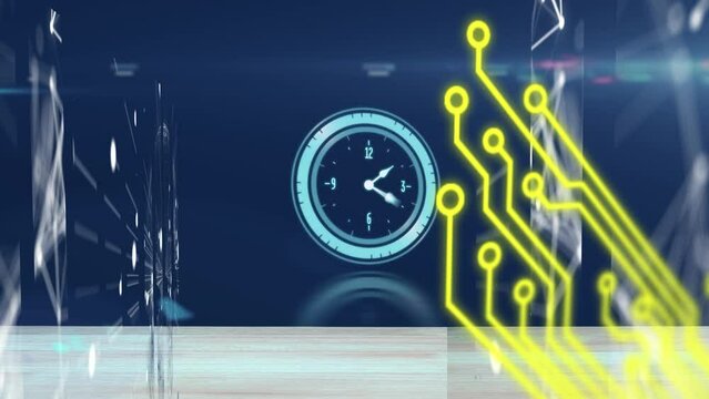 Animation of dots connected with lines, circuit board pattern, live digital clock and lens flare