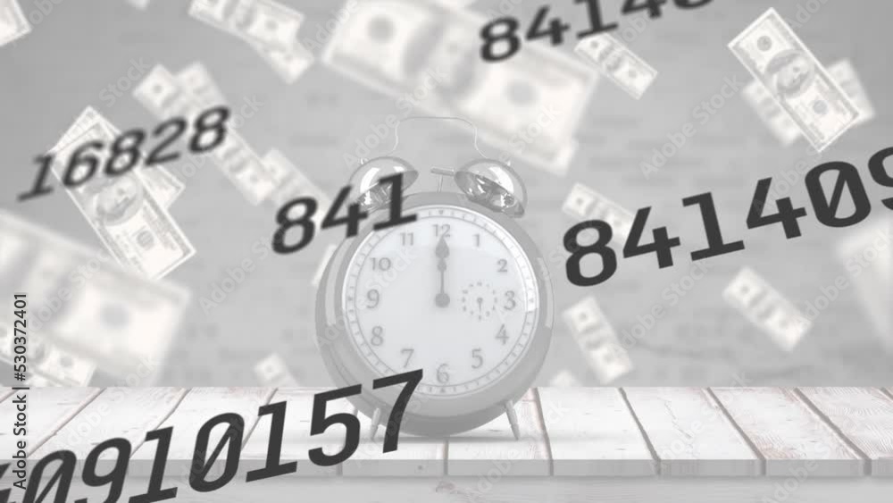 Poster animation of ticking numbers over flying dollar bills and alarm clock on table