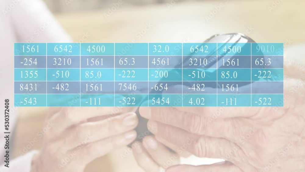 Poster animation of multicolored numbers over cropped hands swiping credit card on machine