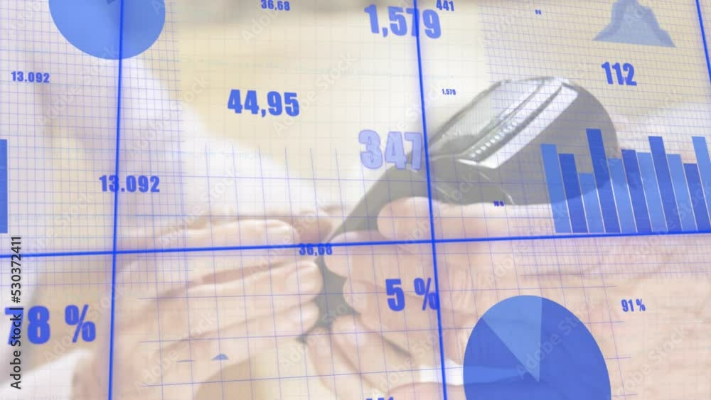 Poster animation of interface with charts and numbers over cropped hands using credit card reader