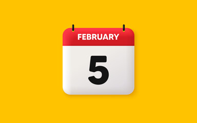 Calendar date 3d icon. 5th day of the month icon. Event schedule date. Meeting appointment time. Agenda plan, February month schedule 3d calendar and Time planner. 5th day day reminder. Vector