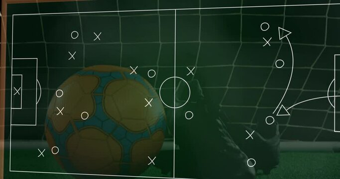 Animation of strategy of soccer game over soccer ball and leather boots against net