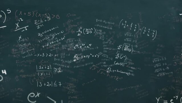 Animation of white mathematical equations floating over abstract background