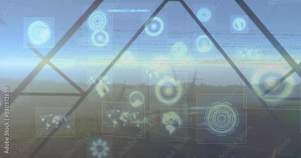 Poster animation of hud interface with circles, globe and map over electricity pylons on landscape