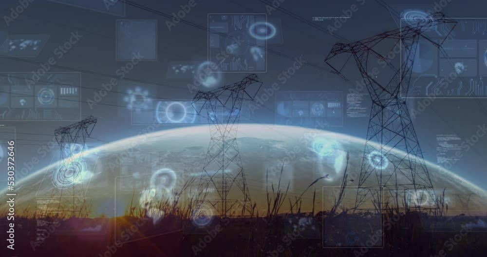 Aufkleber animation of infographic interface and low angle view of electricity pylons on land over globe