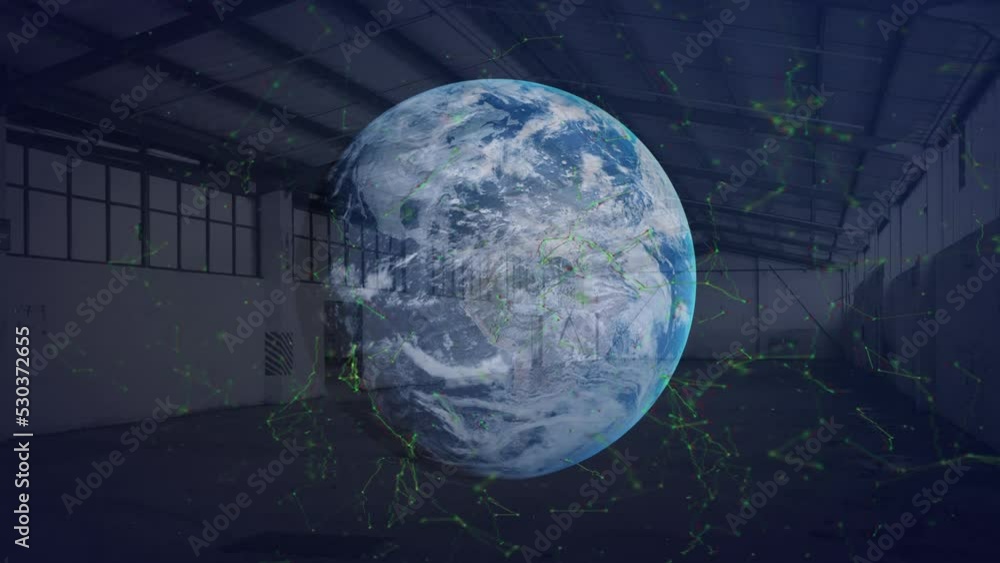 Poster animation of dots connecting with lines and rotating globe over abandoned warehouse