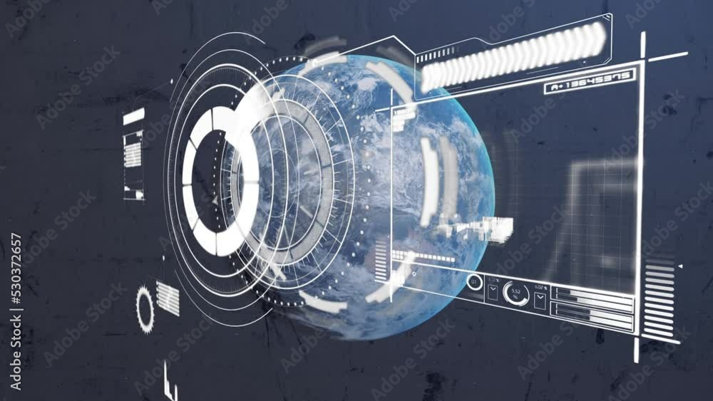 Poster animation of infographic interface with arc reactor over globe against black background