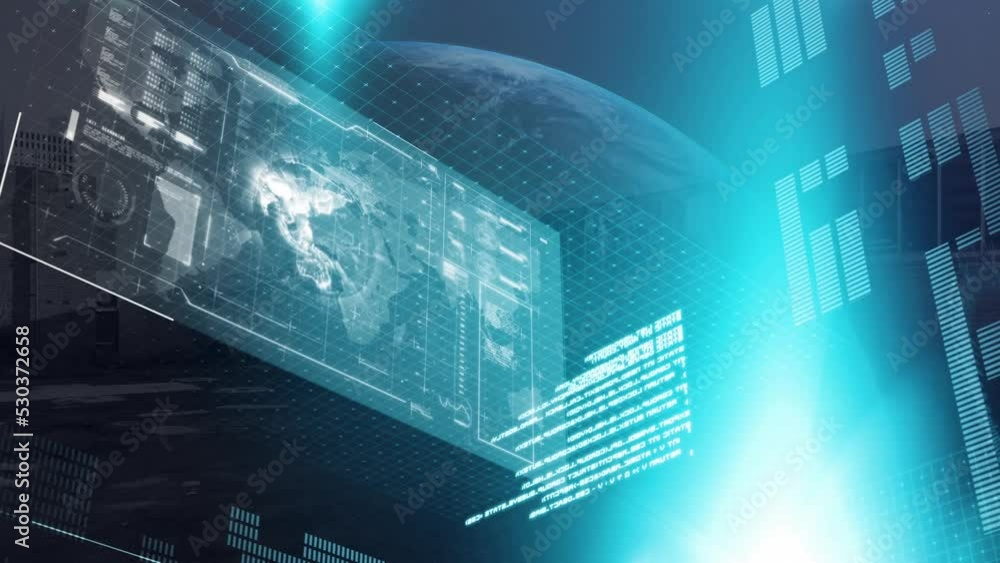 Poster animation of infographic interface with lens flare over globe against building