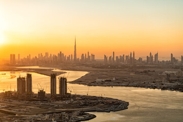 Aerial sunset view of Dubai city Skyline UAE