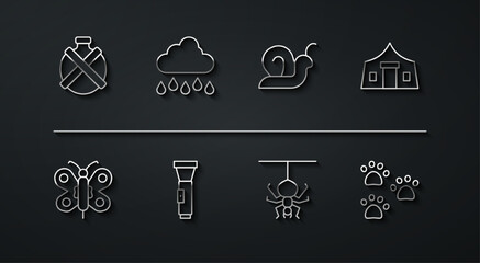 Set line Canteen water bottle, Butterfly, Tourist tent, Spider, Flashlight, Cloud with rain, Paw print and Snail icon. Vector