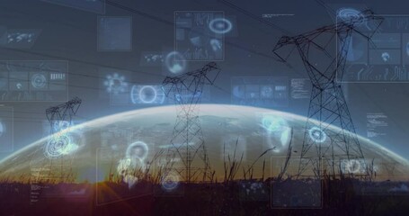 Animation of infographic interface and low angle view of electricity pylons on land over globe - Powered by Adobe