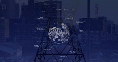 Animation of digits around globe with electricity pylon against buildings in city - Powered by Adobe
