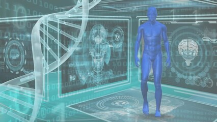 Animation of hud interface with human body, brain and dna helix over binary codes in background - Powered by Adobe
