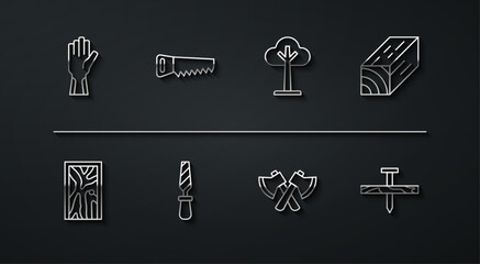 Set line Protective gloves, Closed door, Wooden beam, axe, Rasp metal file, Hand saw, Metallic nail and Tree icon. Vector