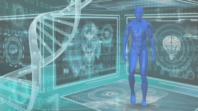 Animation of hud interface with human body, brain and dna helix over binary codes in background - Powered by Adobe