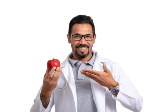 doctor, nutritionist, man holds apple, smiling at the camera. healthy eating, correct nutrition concept