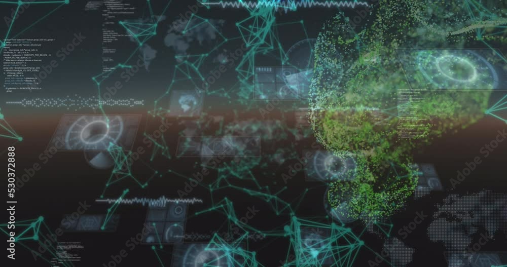Poster animation of dots forming triangles, radars, programming language with green abstract pattern