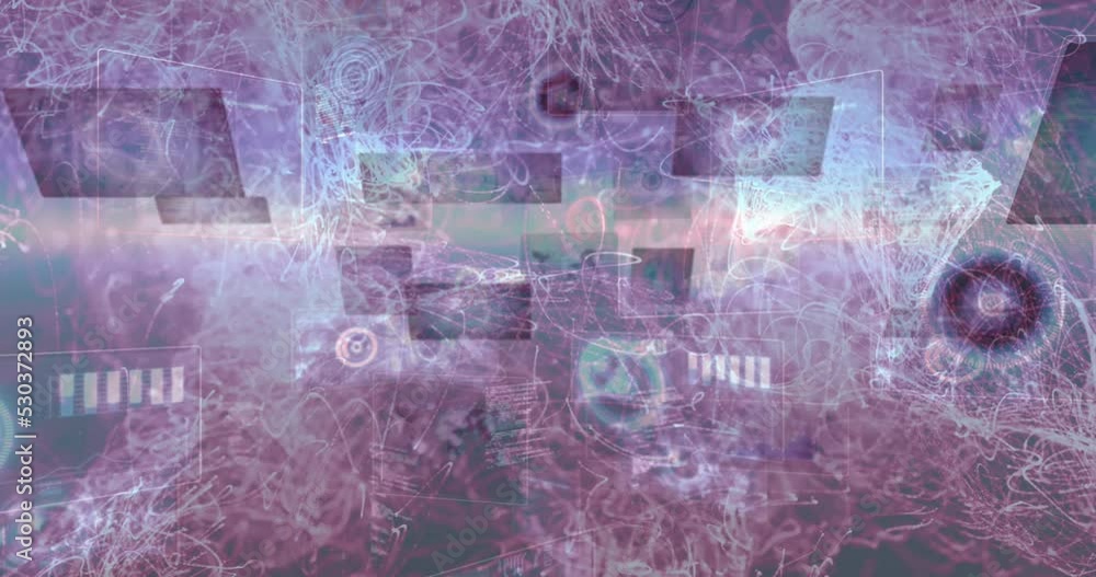 Poster animation of circles, programming language, bar graph and lens flare over glowing abstract pattern