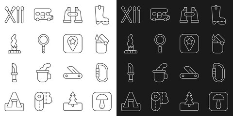 Set line Mushroom, Carabiner, Lighter, Binoculars, Magnifying glass, Campfire, Match stick and Location for camping icon. Vector