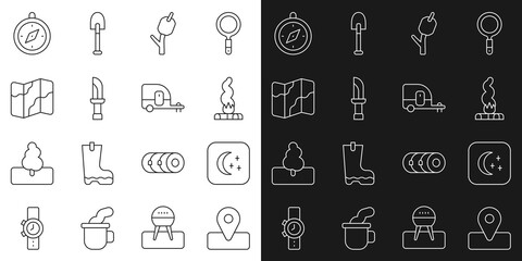 Set line Location for camping, Moon and stars, Campfire, Marshmallow stick, Knife, Camping hiking map, Compass and Rv trailer icon. Vector